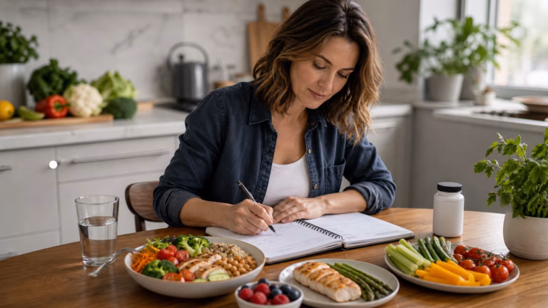 Adult planning appetite-friendly meals with vegetables, protein, berries, water, and a hunger journal