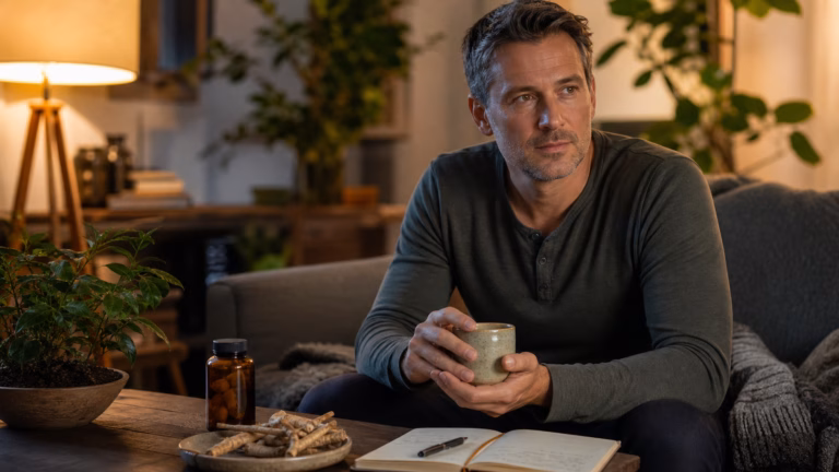 Man using an ashwagandha supplement beside tea and a sleep journal in a calm evening routine