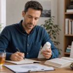 Adult reviewing memory habits at a desk with tea, notebook, calendar, and a neutral supplement bottle