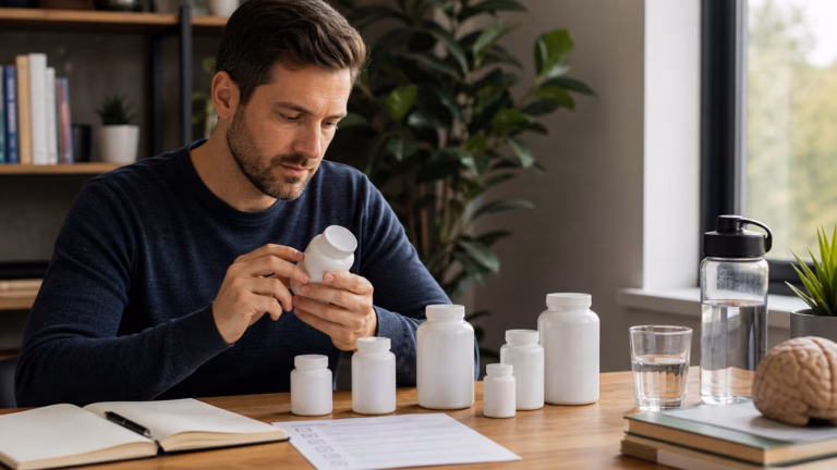 Best Nootropic Supplements 2026: Complete Buyer's Guide 1 Adult organizing unbranded supplement bottles with an ingredient checklist, water, and a notebook