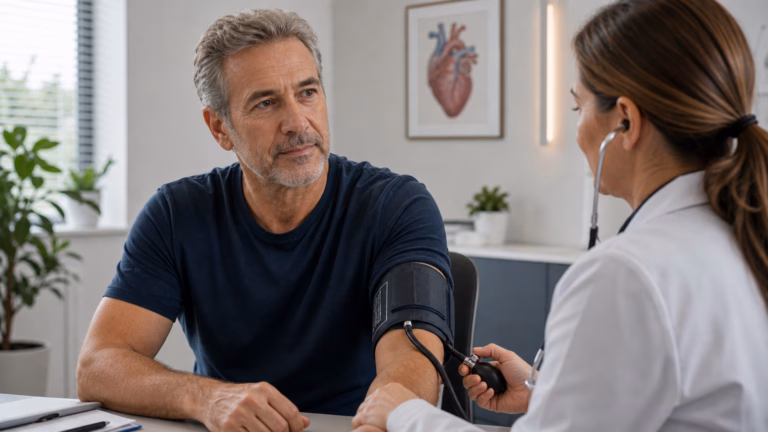 Man having his blood pressure measured during a doctor visit about circulation and erectile function