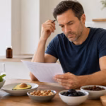Hombre revisando alimentos ricos en minerales como aguacate, frutos secos, legumbres, ciruelas pasas y verduras de hoja verde