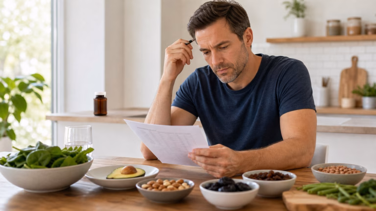 Boro para hombres: Afirmaciones sobre la testosterona, salud ósea y seguridad Hombre revisando alimentos ricos en minerales como aguacate, frutos secos, legumbres, ciruelas pasas y verduras de hoja verde