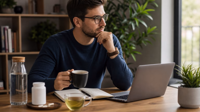 Adult taking a calm focus break with coffee, green tea, water, a notebook, and a neutral supplement bottle