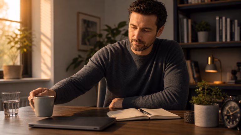 Man reviewing coffee timing, water intake, and a sleep journal while managing caffeine use