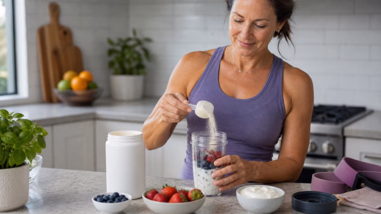 Adulto mayor de 40 años preparando un batido rico en proteínas con bayas, yogur y un envase de colágeno sin marca