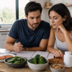Pareja revisando un plan de bienestar de fertilidad con pescado, espinacas, brócoli, nueces y un suplemento neutro de CoQ10
