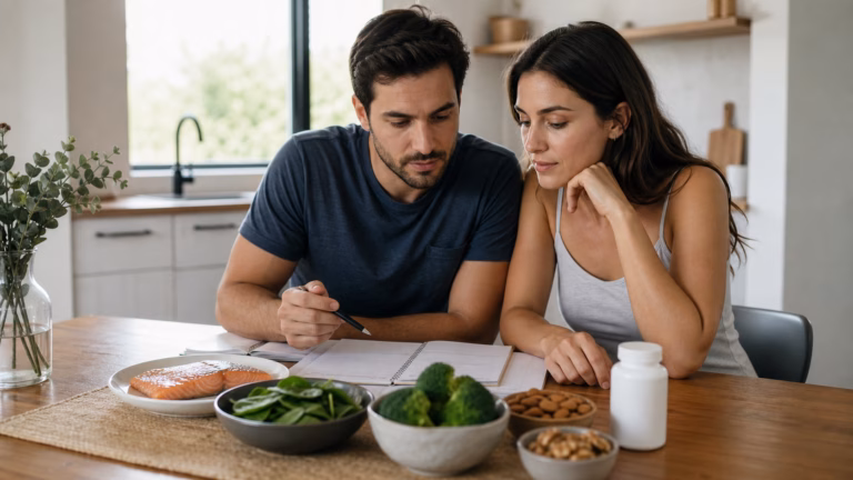 CoQ10 para la Fertilidad Masculina: Motilidad Espermática, Energía y Seguridad Pareja revisando un plan de bienestar de fertilidad con pescado, espinacas, brócoli, nueces y un suplemento neutro de CoQ10