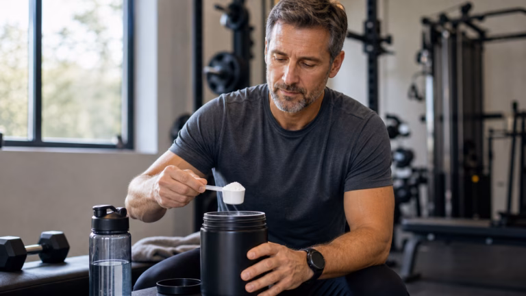 Man over 40 preparing creatine with water near dumbbells after strength training