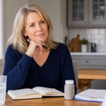 Mujer revisando un diario de salud hormonal con agua y un frasco de suplemento neutro antes de una discusión clínica