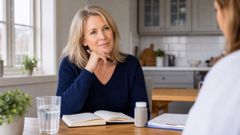 Mujer revisando un diario de salud hormonal con agua y un frasco de suplemento neutro antes de una discusión clínica