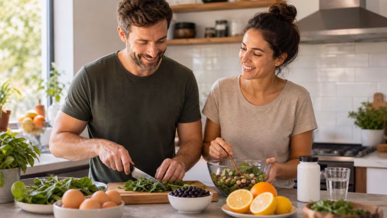 Folate and Male Fertility: What Supplements Can and Cannot Do 3 Couple preparing folate-rich foods such as leafy greens, beans, citrus, and eggs for fertility support