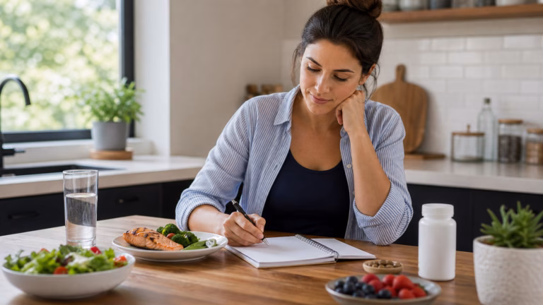 Adult planning a balanced appetite-supporting meal with vegetables, protein, water, and an unbranded supplement bottle