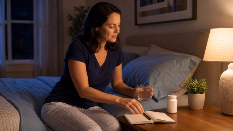 Glycine for Sleep: Body Temperature, Relaxation, and Safety 2 Adult using a calm evening sleep routine with water, cooling bedding, and a neutral supplement bottle