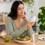 Mujer comparando té verde preparado, alimentos balanceados, agua y un frasco de suplemento neutro para la seguridad de la pérdida de peso