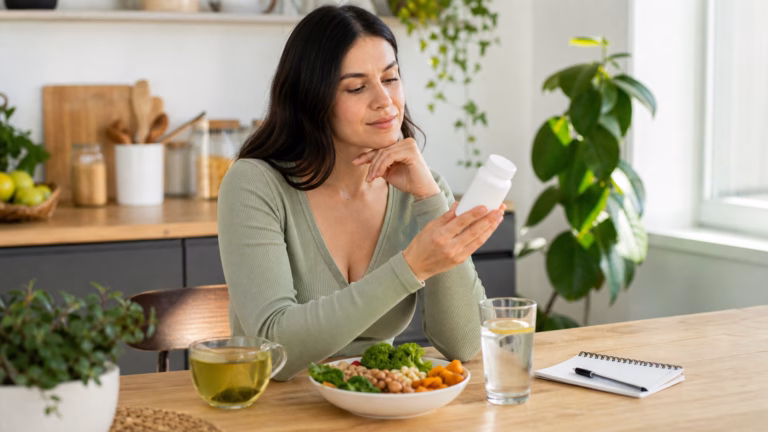 Extracto de té verde para la pérdida de peso: beneficios, riesgos y seguridad hepática Mujer comparando té verde preparado, alimentos balanceados, agua y un frasco de suplemento neutro para la seguridad de la pérdida de peso