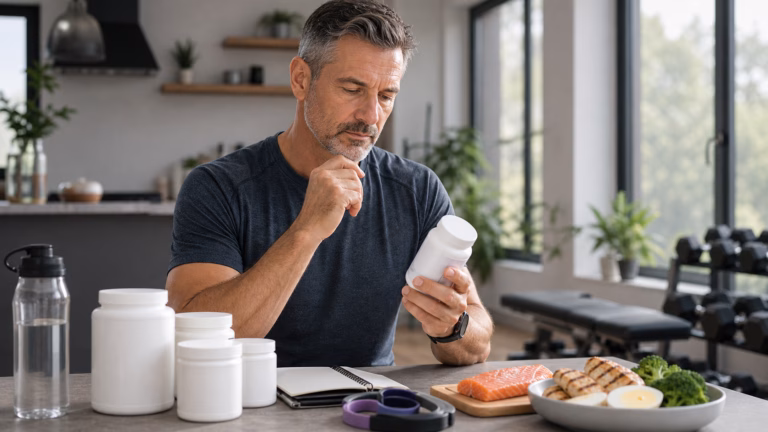 10 Best HGH Supplements of 2026: Tested & Ranked 3 Adult over 40 reviewing healthy aging habits with resistance bands, water, protein-rich food, and neutral supplement bottles