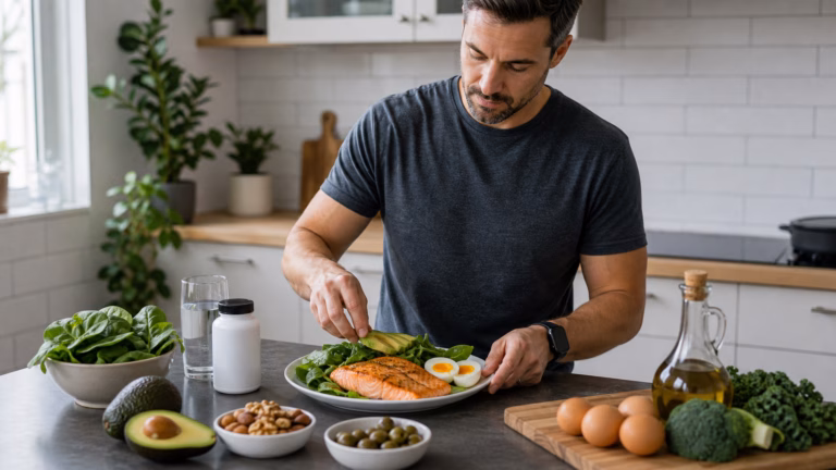Adult preparing a balanced keto-style meal with avocado, eggs, salmon, leafy greens, olive oil, and water