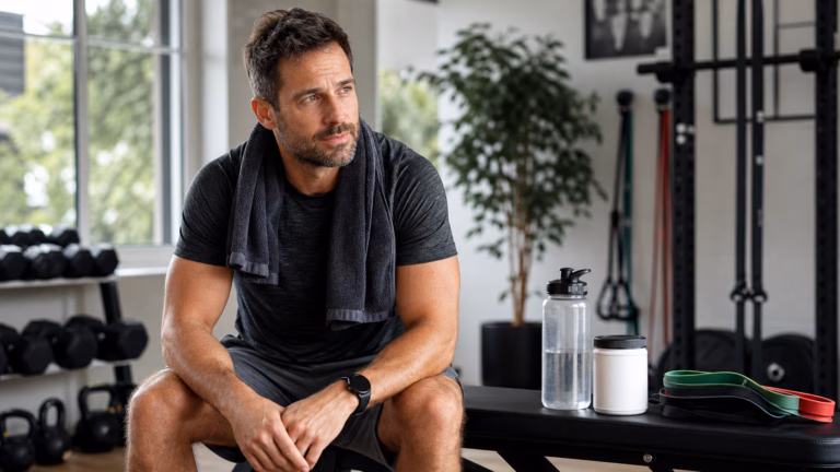 L-Citrulina para el flujo sanguíneo: ejercicio, erecciones y seguridad Hombre después de un entrenamiento con agua, bandas de resistencia y un envase de suplemento neutro para el soporte del flujo sanguíneo