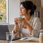 Adulto tomando un descanso tranquilo en el escritorio con té verde, agua, un cuaderno y un frasco de suplemento neutro