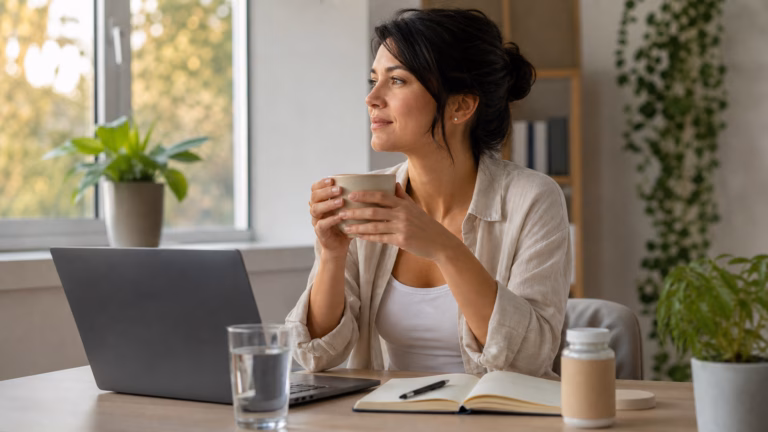 L-teanina para el estrés y el sueño: concentración tranquila sin promesas exageradas Adulto tomando un descanso tranquilo en el escritorio con té verde, agua, un cuaderno y un frasco de suplemento neutro
