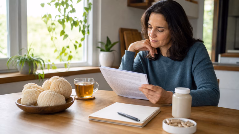 Lion's Mane Mushroom: Brain Health Claims, Safety, and Expectations 7 Adulto revisando hongos melena de león, té y un frasco de suplemento neutro mientras lee sobre la salud cerebral