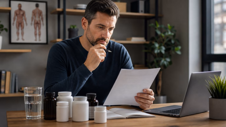 7 Best Male Enhancement Products of 2026: Complete Comparison 4 Man reviewing a respectful men's health comparison checklist with water and unbranded supplement bottles