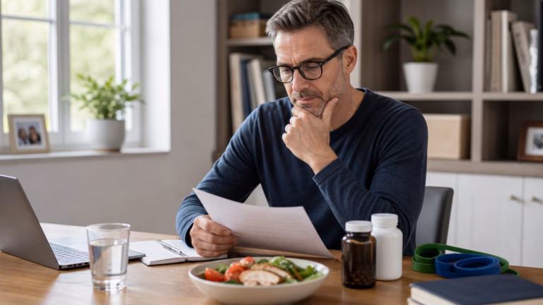 Adult over 40 reviewing healthy aging habits with water, exercise bands, a balanced meal, and neutral supplement bottles