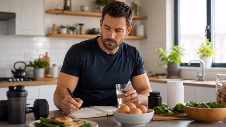 Natural Testosterone Boosters That Actually Work – Science-Backed Guide (2026) 5 Man in a bright kitchen after a workout with eggs, leafy greens, dumbbells, water, and a sleep journal