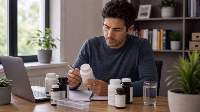 Adult organizing unbranded supplement bottles with a notebook and water while checking ingredient overlap