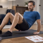 Man doing a private home exercise routine on a yoga mat with water and physiotherapy notes nearby
