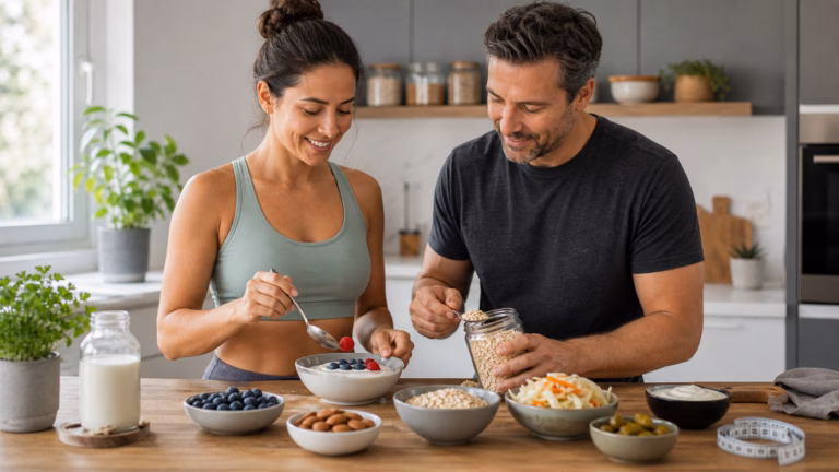 Adults preparing yogurt, berries, oats, and fermented vegetables for gut health and weight management