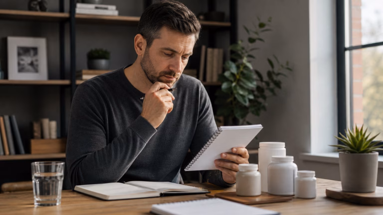 Adult reviewing nootropic safety notes at a desk with water and plain unbranded supplement containers