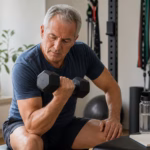 Adult over 50 doing controlled resistance training with dumbbells and a recovery notebook nearby