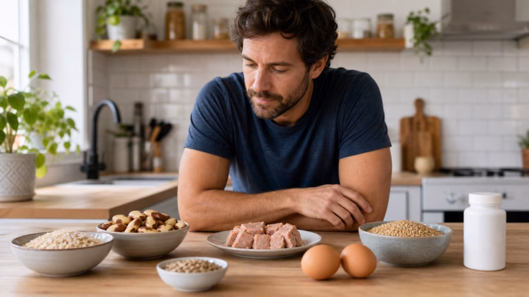 Selenio para hombres: tiroides, fertilidad y límites de seguridad 2 Hombre revisando alimentos ricos en selenio, incluyendo nueces de Brasil, huevos, atún y cereales integrales
