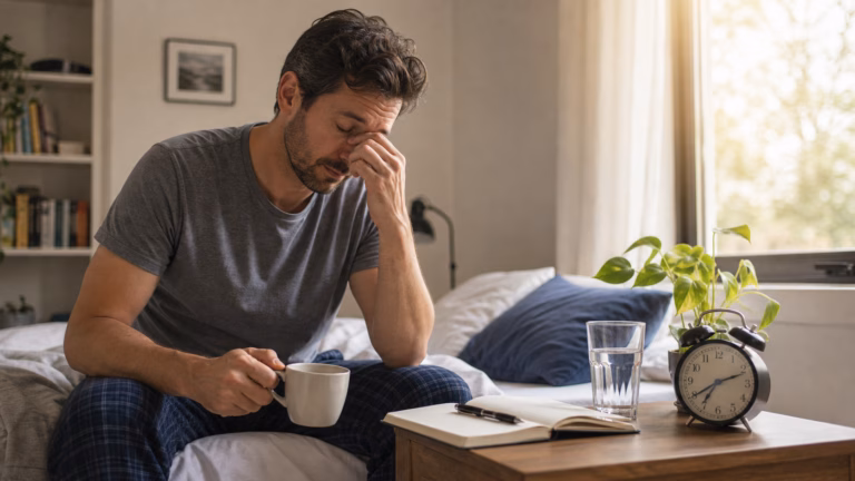 Adult in a morning bedroom with sunlight, a sleep journal, alarm clock, and water
