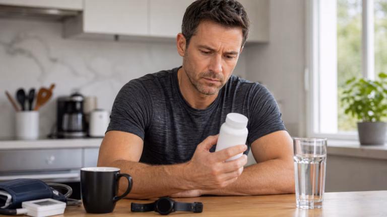 Thermogenic Supplements: Caffeine, Yohimbine, and Safety Red Flags 1 Adulto revisando café, agua, un frasco de suplemento neutro y un manguito de presión arterial para la seguridad de los estimulantes