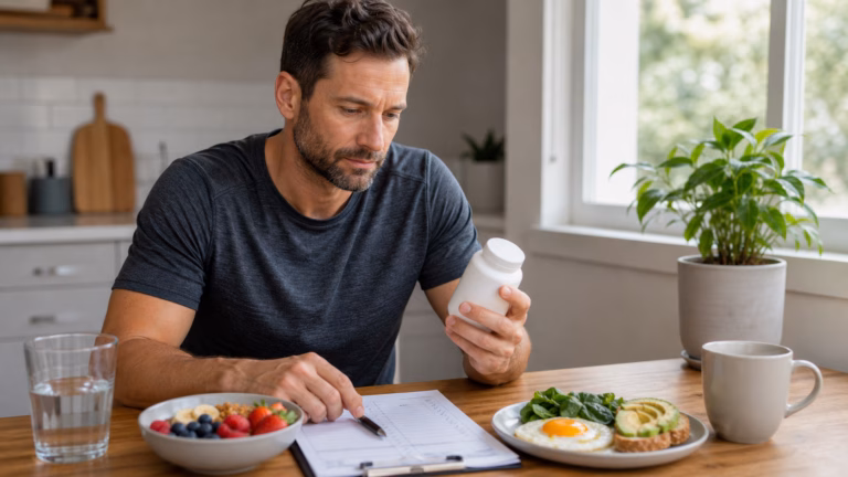 Tongkat Ali para la testosterona: evidencia, calidad de dosis y riesgos Hombre revisando un suplemento de Tongkat Ali sin marca con alimentos saludables y una lista de verificación de calidad de suplementos