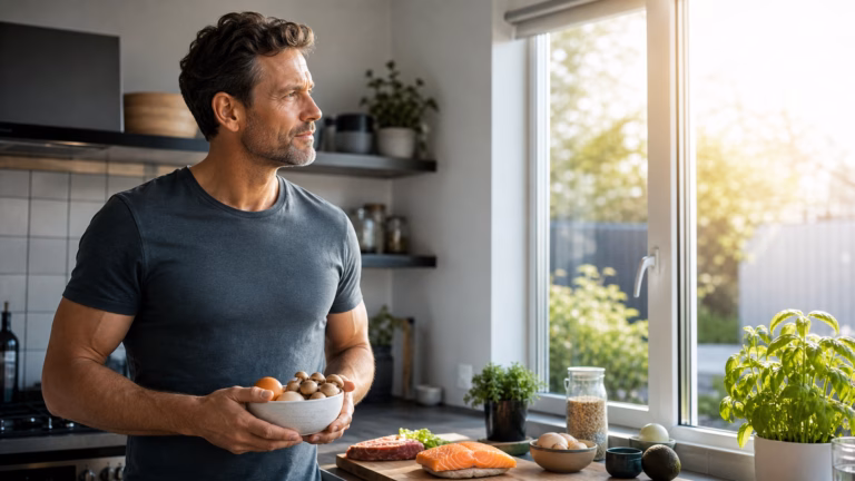 Man reviewing vitamin D foods and sunlight habits for testosterone support