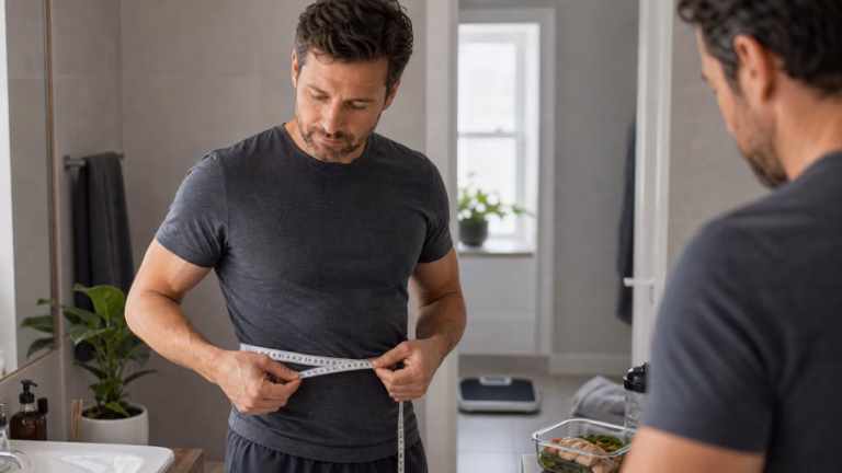 Man measuring waist circumference at home as part of metabolic and testosterone health tracking